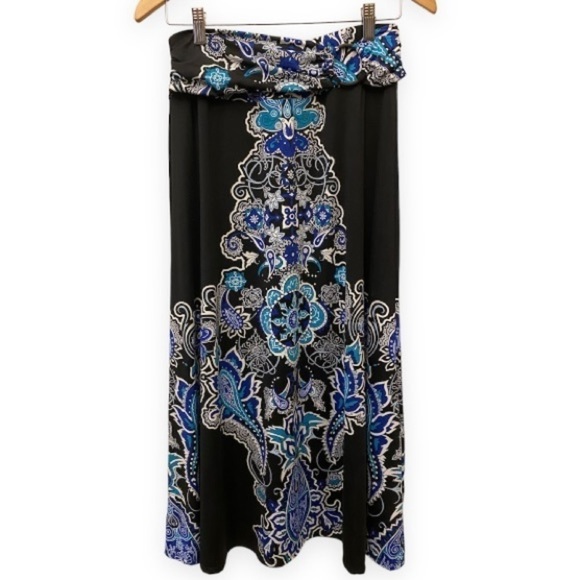 Robert Louis Petite Small Long Flowy Maxi Skirt Black W/ Blue Abstract Stretchy - Picture 2 of 7